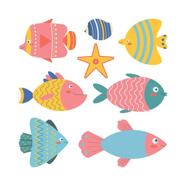 Set Marine Elements Starfish Fish Seashells Flat Cartoon Style Vector — Stock Vector