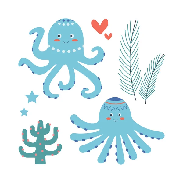 Set Marine Elements Octopus Seaweed Flat Cartoon Style Vector Illustration — Stock Vector
