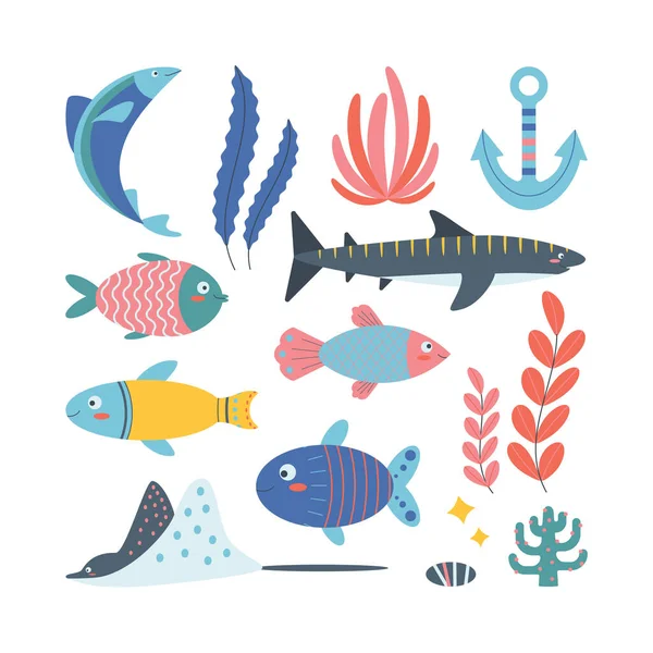 Set Marine Elements Seaweed Stingray Shark Fish Anchor Flat Cartoon — Stock Vector