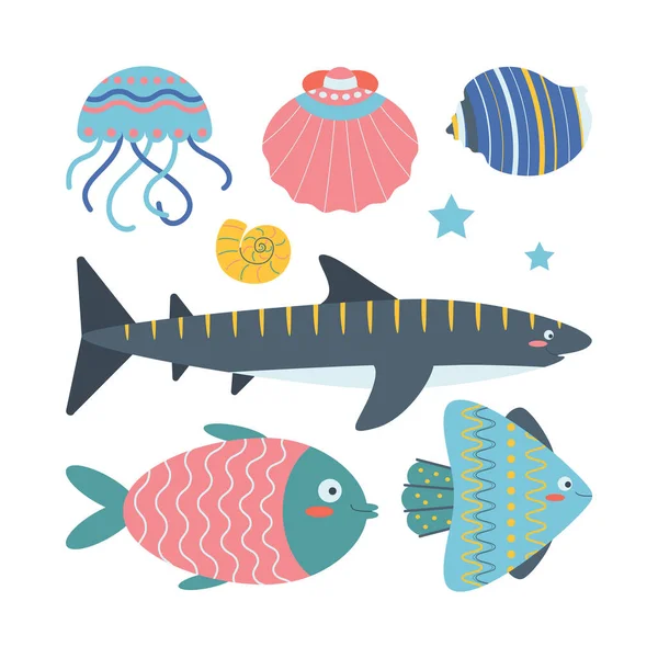 Set Sea Elements Fish Jellyfish Shark Shells Flat Cartoon Style — Stock Vector