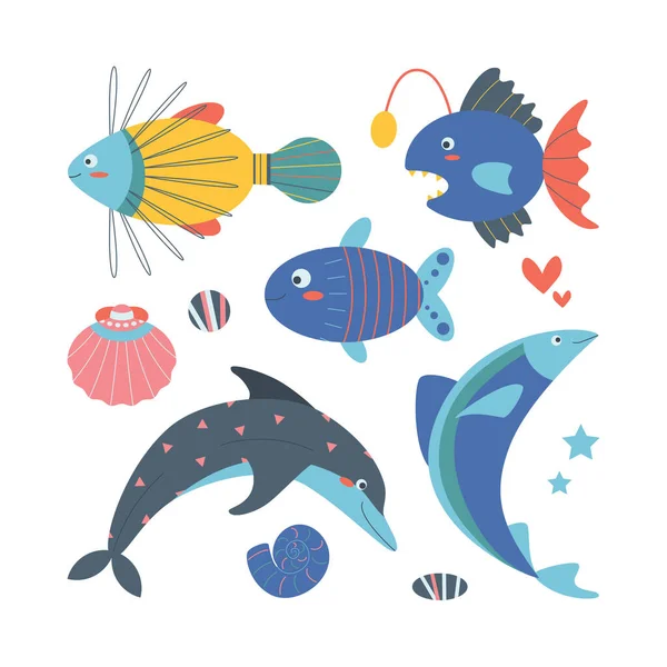 Set Marine Elements Fish Shells Dolphin Stones Flat Cartoon Style — Stock Vector