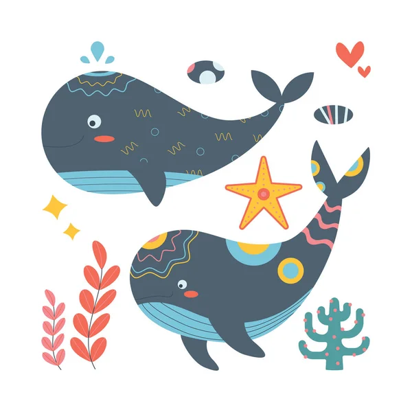 Set Marine Elements Fish Starfish Seaweed Whale Flat Cartoon Style — Stock Vector