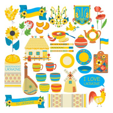Elementler, müzik aletleri, börekler, haşhaş çiçekleri, değirmen, borş, horoz, buğday, ev. Ukrayna sembolleri.