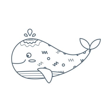 Balina, deniz hayvanı. Deniz dünyasının sakini, tatlı bir su altı yaratığı. Çizgi çalışması. Vektör illüstrasyonu beyaz arkaplanda izole edildi.