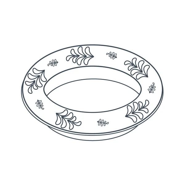 Dishes Plate Floral Ornament Line Art Vector Illustration Isolated White — Stock Vector