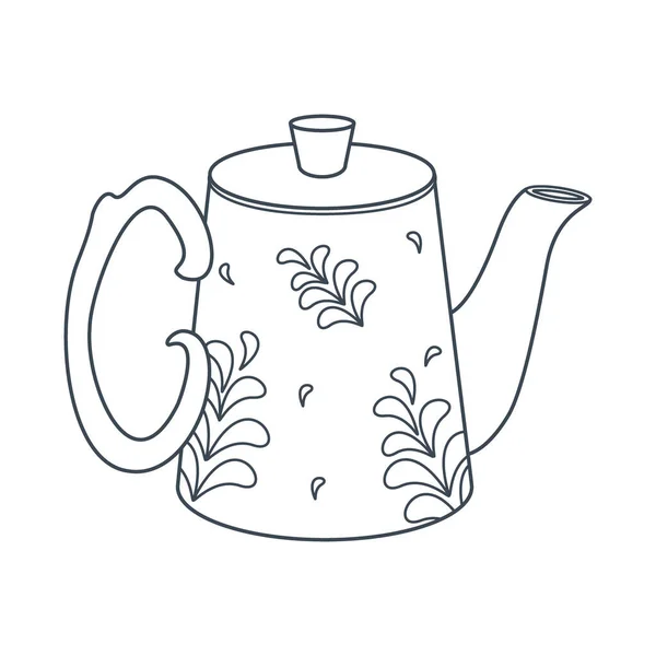 Gerichte Teekanne Mit Blumenschmuck Vorhanden Linienkunst Vektor Illustration Isoliert Auf — Stockvektor