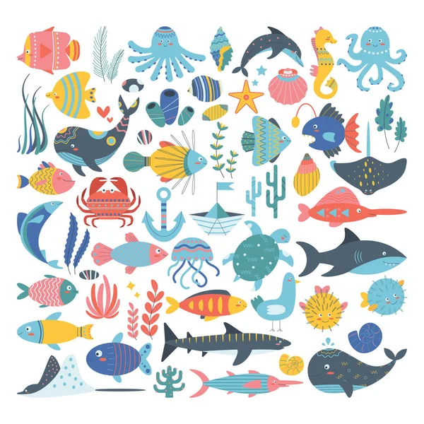 stock vector A large set of marine animals, algae, shells, octopus, stingray, dolphin, seahorse, medusa, anglerfish, swordfish, turtle, shark, puffer fish, seagull, whale, crab.