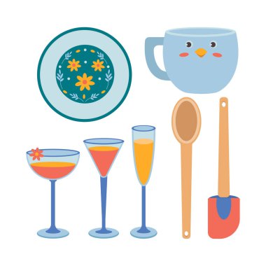 Mutfak gereçleri, bir kaşık, bir kupa, bir kepçe, bir tabak, şarap kadehi, şampanya, kokteyl, spatula. Düz vektör çizimi beyaz arkaplanda izole edildi.