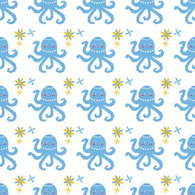 Ahtapot ve süslemeli bir deniz temalı desen. Düz vektör illüstrasyonu.