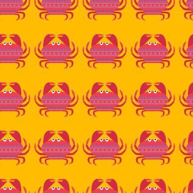 Yengeç, süs ve deniz temalı bir desen. Düz vektör illüstrasyonu.