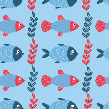 Denizcilik temalı bir desen. Balık, yosun, süs. Düz vektör illüstrasyonu.