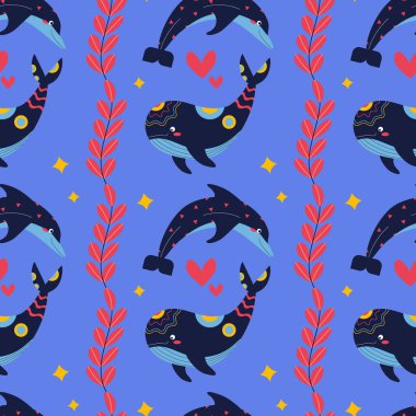 Deniz yosunları, yunuslar, balinalar, süsler. Düz vektör illüstrasyonu.