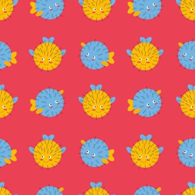 Deniz temalı bir desen. Balık, kirpi balığı, süs. Düz vektör illüstrasyonu.