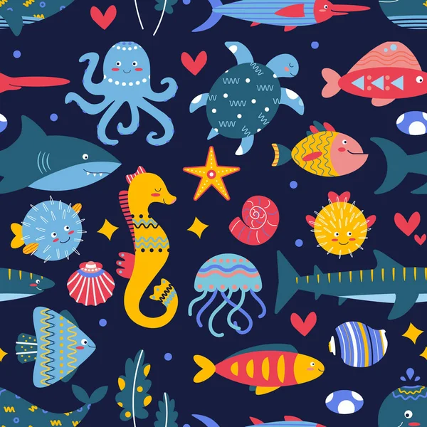 stock vector Pattern on a marine theme with fish, shell, seaweed, rocks, seahorse, swordfish, puffer fish, starfish, jellyfish, octopus. Flat vector illustration.