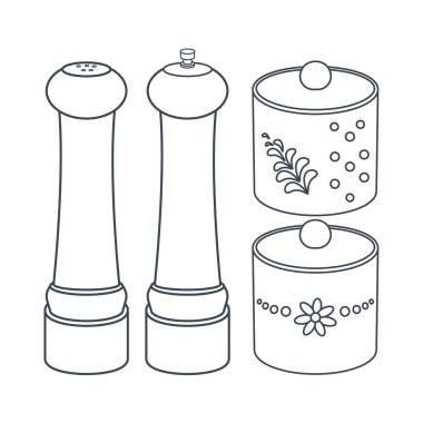 Bulaşıklar. Mutfak biberi, tuzluk ve baharatlar için mutfak kavanozu. Çizgi çalışması. Vektör illüstrasyonu beyaz arkaplanda izole edildi.
