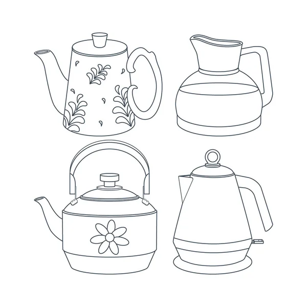 Блюда Набор Кухонного Чайника Линейное Искусство Векторная Иллюстрация Белом Фоне — стоковый вектор
