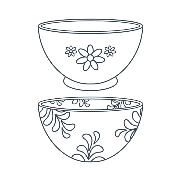 Dishes Set Kitchen Plates Bowls Floral Ornament Line Art Vector — Stock Vector