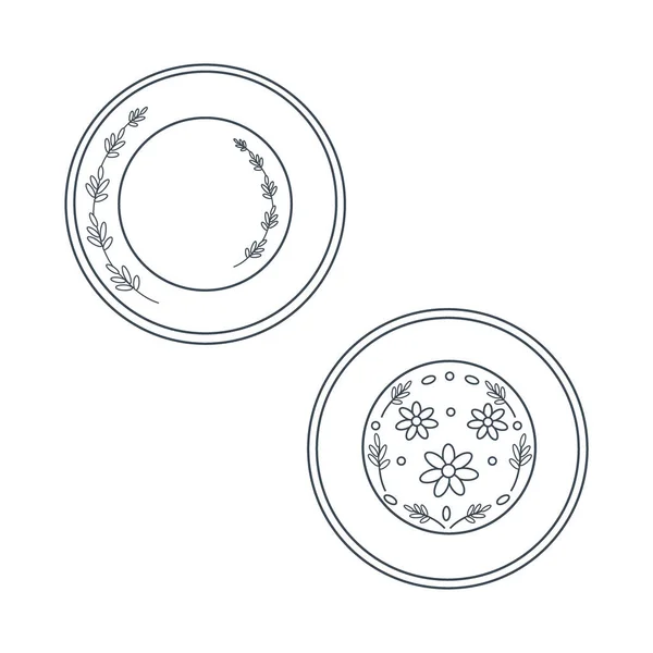 吃东西 有花环的一套厨房盘子 线条艺术 在白色背景上孤立的向量图 — 图库矢量图片