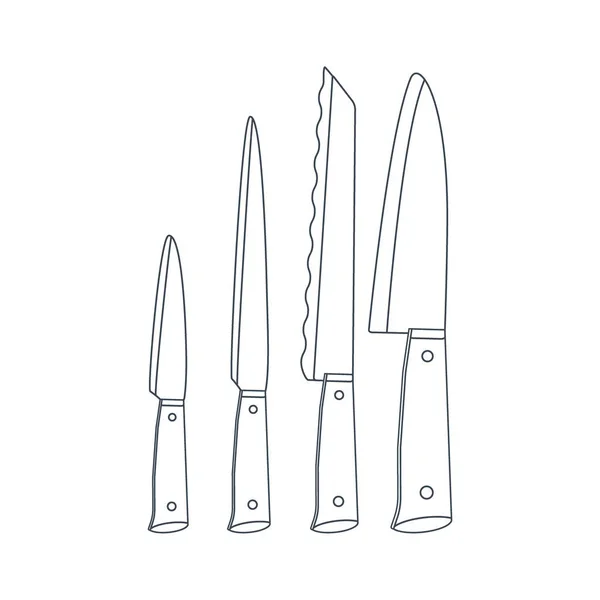 Dishes Set Kitchen Knives Line Art Vector Illustration Isolated White — Stock Vector