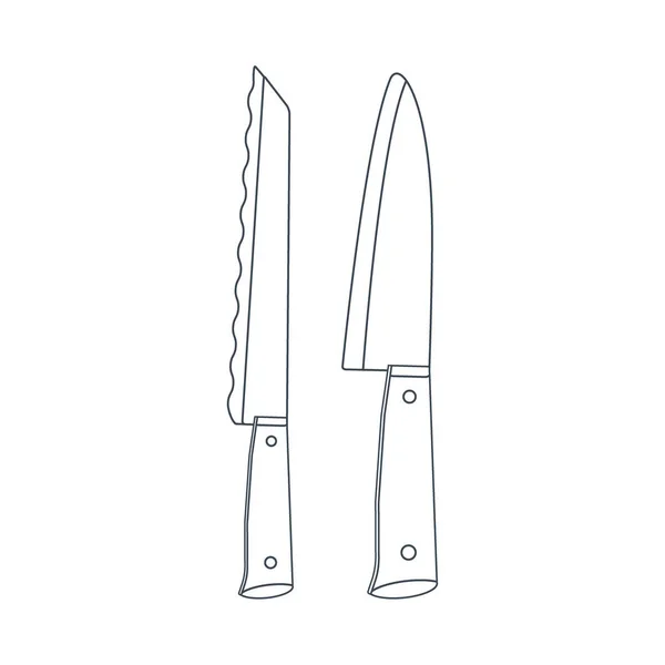 Geschirr Ein Satz Küchenmesser Linienkunst Vektor Illustration Isoliert Auf Weißem — Stockvektor