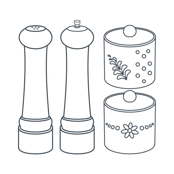 Dishes Kitchen Pepper Salt Shaker Kitchen Jars Spices Line Art — Stock Vector