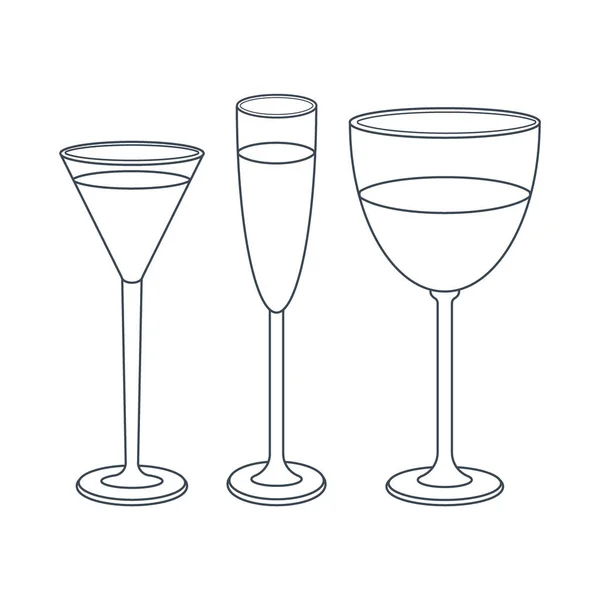 Посуд Набір Келихів Коктейлів Шампанського Келихів Напоєм Лінійне Мистецтво Векторні — стоковий вектор