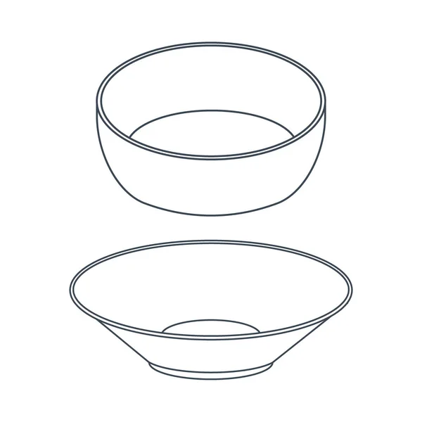 Посуд Набір Кухонних Плит Мисок Лінійне Мистецтво Векторні Ілюстрації Ізольовані — стоковий вектор