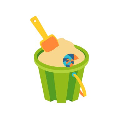 Kumlu bir kova, bir kürek ve bir kabuk. Yaz gezileri için kumsal hazır. Deniz tatili için tatil aksesuarları. Düz vektör çizimi beyaz arkaplanda izole edildi.