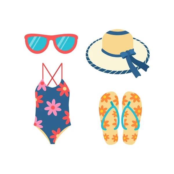 Hat Sunglasses Slippers Flip Flops Swimsuit Compatible Beach Set Summer — Stock Vector