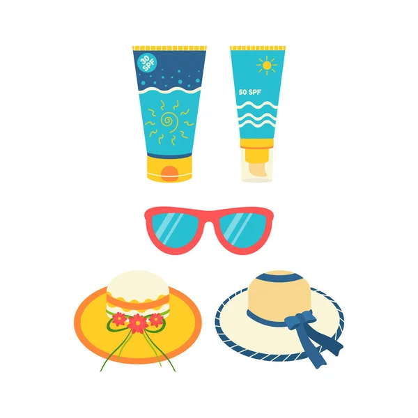 Sun Cream Hat Sunglasses Beach Set Summer Trips Vacation Accessories — Stock Vector