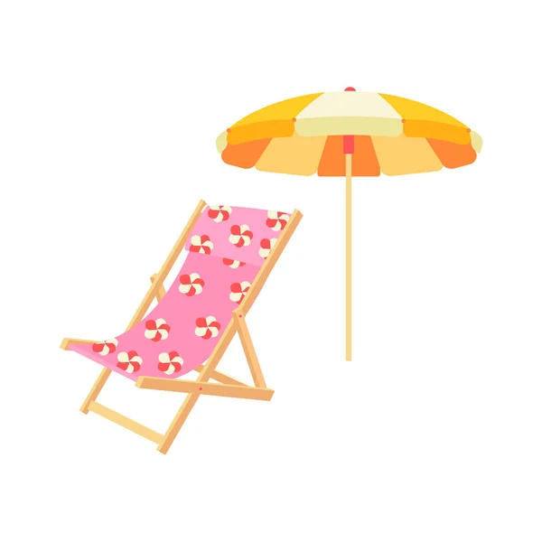 沙滩椅子 日光浴床和伞 海滩设置夏季旅行 航海度假的配件 白色背景上孤立的平面矢量图解 — 图库矢量图片