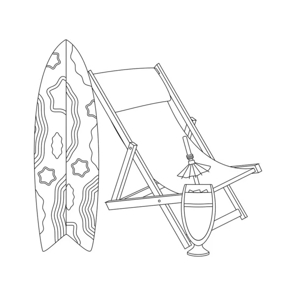 夏の旅行のためのビーチセット カクテル椅子サンベッドサーフボード 白い背景に分離されたフラットベクトルイラスト — ストックベクタ