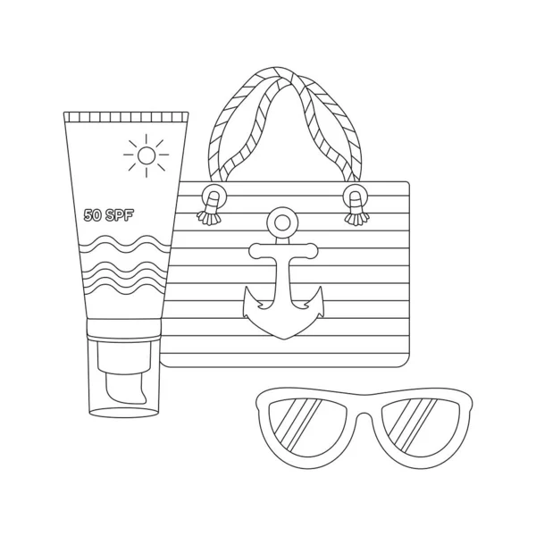 Beach Set Summer Trips Sun Cream Bag Sunglasses Flat Vector — Stock Vector