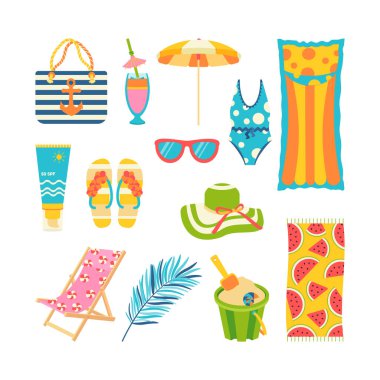 Yaz gezileri için kumsal hazır. Güneş kremi, çanta, şapka, güneş gözlüğü, kokteyl, şemsiye, havlu, mayo, güneş yatağı, terlik, parmak arası terlik, şişirilebilir yatak. Düz vektör illüstrasyonu.