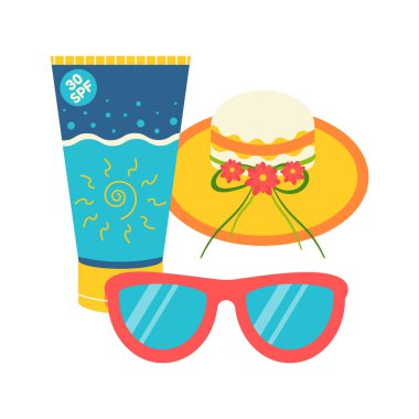 Yaz gezileri için kumsal hazır. Güneş kremi, şapka, güneş gözlüğü. Düz vektör çizimi beyaz arkaplanda izole edildi.