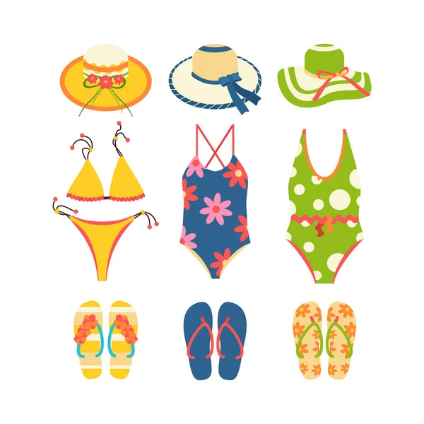 Beach Set Summer Trips Hat Swimsuit Slippers Flip Flops Flat — Stock Vector
