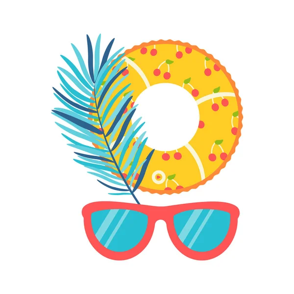 Beach Set Summer Trips Sunglasses Palm Leaves Inflatable Circle Flat — Stock Vector