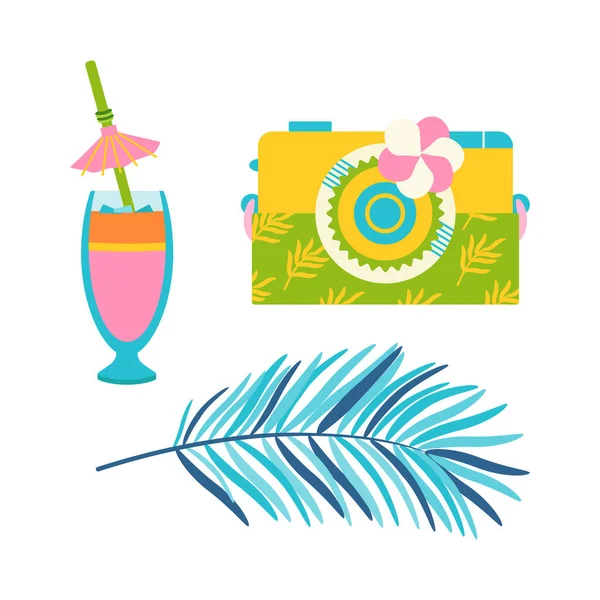 Beach Set Summer Trips Cocktail Coconut Camera Palm Leaves Flat — Stock Vector