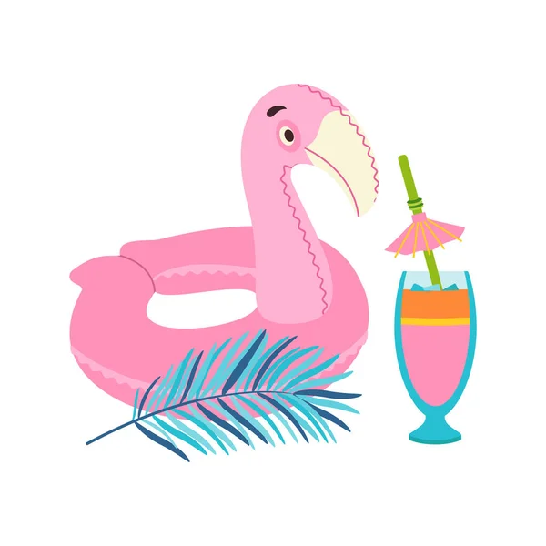 Beach Set Summer Trips Cocktail Palm Leaves Inflatable Circle Flamingo — Stock Vector