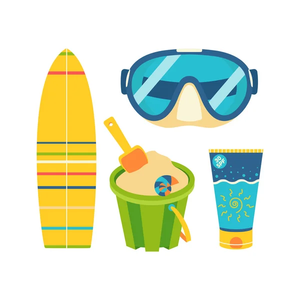 Beach Set Summer Trips Sun Cream Bucket Sand Mask Scuba — Stock Vector
