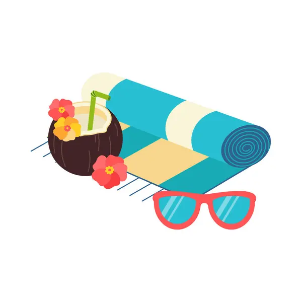 Plaża Ustawiona Letnie Wycieczki Okulary Przeciwsłoneczne Kokos Ręcznik Płaska Ilustracja — Wektor stockowy