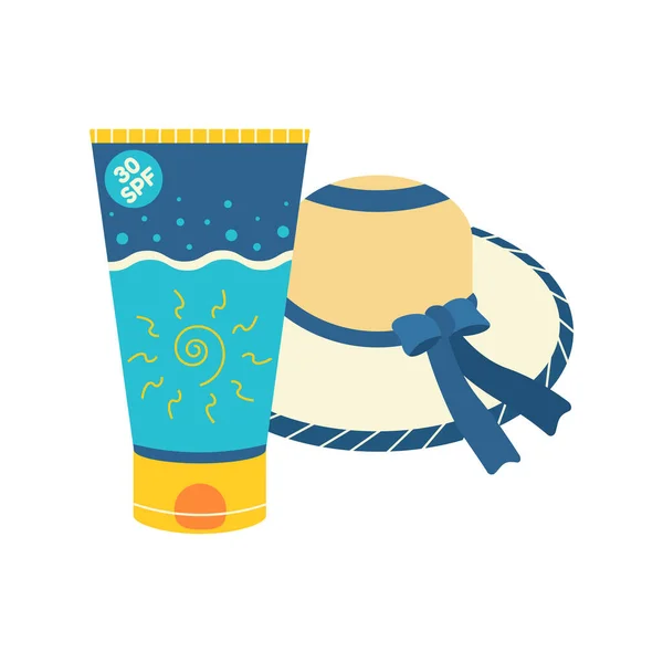 Beach Set Summer Trips Sun Cream Hat Flat Vector Illustration — Stock Vector
