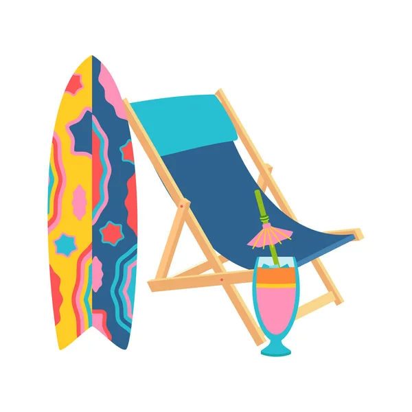 夏の旅行のためのビーチセット カクテル椅子サンベッドサーフボード 白い背景に隔離されたフラットベクトルイラスト — ストックベクタ