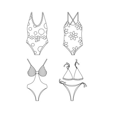 Mayo uyumlu ve ayrık. Yaz gezileri için kumsal hazır. Deniz tatili için tatil aksesuarları. Düz vektör çizimi beyaz arkaplanda izole edildi. Satır sanatı.