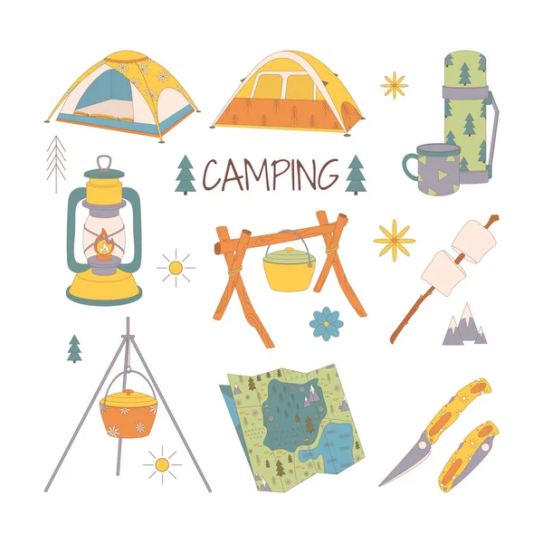 Camping Caminhadas Conjunto Calçado Elementos Desenhados Meias Binóculos Sobrevivência Selvagem — Vetor de Stock