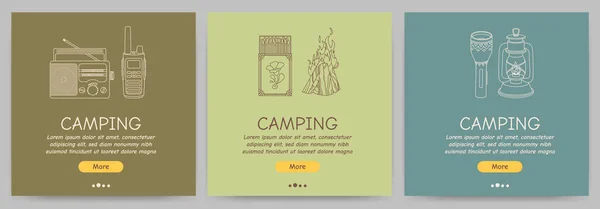 Conjunto Folhetos Promocionais Para Camping Viagens Caminhadas Piquenique Ilustração Vetorial — Vetor de Stock
