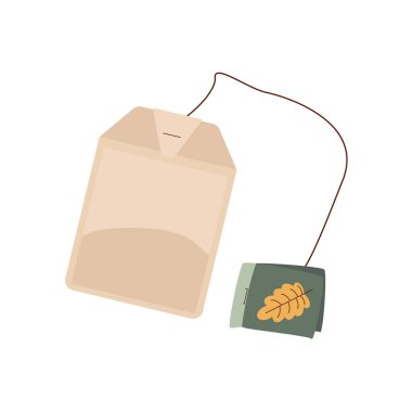 Poşette çay. Merhaba sonbahar. Sonbahar mevsimi elementi, ikon. Düz vektör çizimi beyaz arkaplanda izole edildi.