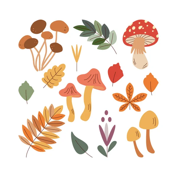マッシュルーム こんにちは秋 秋の季節の要素 アイコン 白い背景に隔離された平らなベクトル図 — ストックベクタ