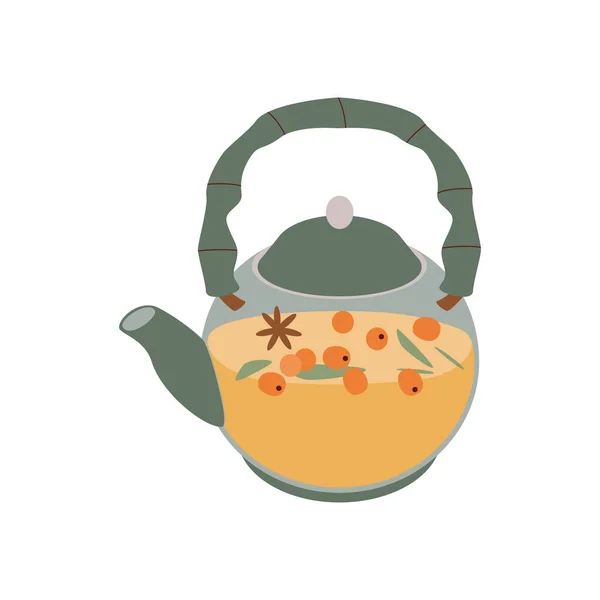 Chá Espinheiro Mar Bule Chá Olá Outono Elemento Época Outono — Vetor de Stock