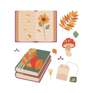 Mantar, kitap, çorap, yapraklar, çay. Merhaba sonbahar. Sonbahar mevsimi elementi, ikon. Düz vektör çizimi beyaz arkaplanda izole edildi.